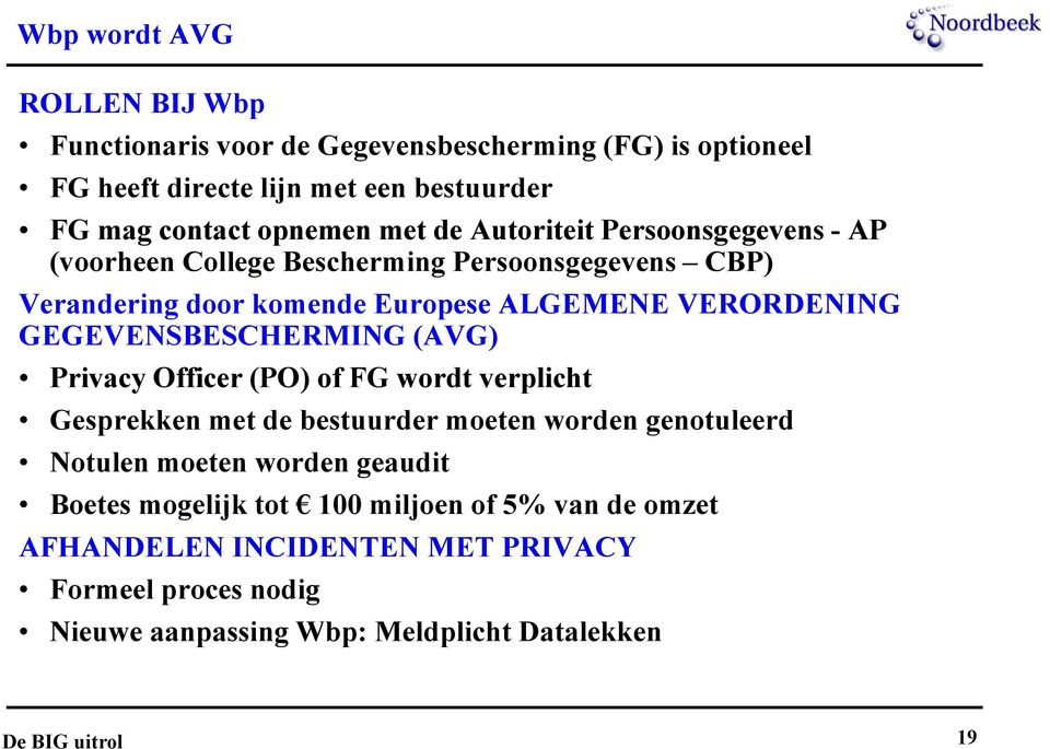 GEGEVENSBESCHERMING (AVG) Privacy Officer (PO) of FG wordt verplicht Gesprekken met de bestuurder moeten worden genotuleerd Notulen moeten worden