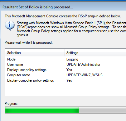 5. Wordt de policy waarin Win7_WSUS de update settings krijgt voorgeschreven, eigenlijk wel uitgevoerd op Win7_WSUS? Hiervoor kunnen we vanaf Win7_WSUS in de cmd gebruikmaken van RSOP.MSC.