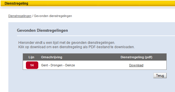 3. U krijgt dan een scherm waarin u, naast de gevraagde lijn klikt op download. Vervolgens krijgt u de dienstregeling in een pdf bestandsindeling te zien.