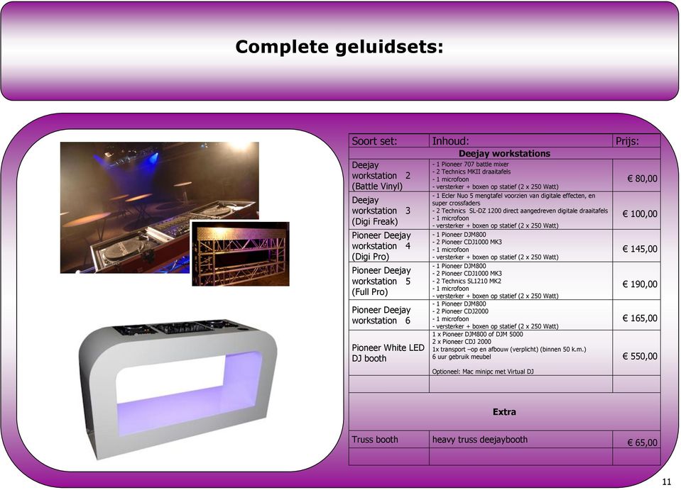 Watt) - 1 Ecler mengtafel voorzien van digitale effecten, en super crossfaders - 2 Technics SL-DZ 1200 direct aangedreven digitale draaitafels - 1 microfoon - versterker + boxen op statief (2 x 250