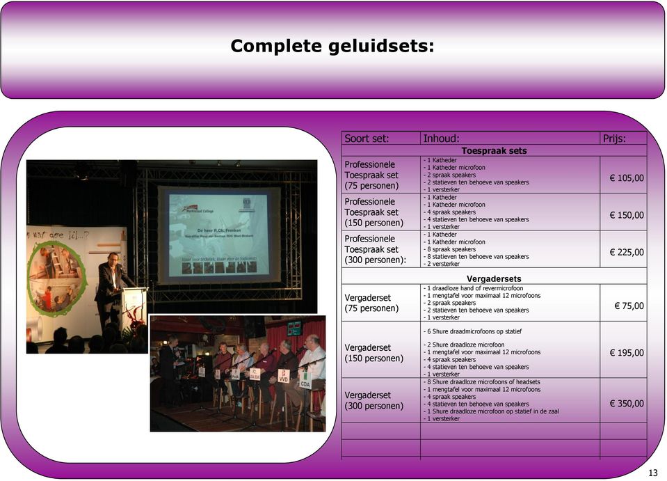 statieven ten behoeve van speakers - 1 versterker - 1 Katheder - 1 Katheder microfoon - 8 spraak speakers - 8 statieven ten behoeve van speakers - 2 versterker Vergadersets - 1 draadloze hand of