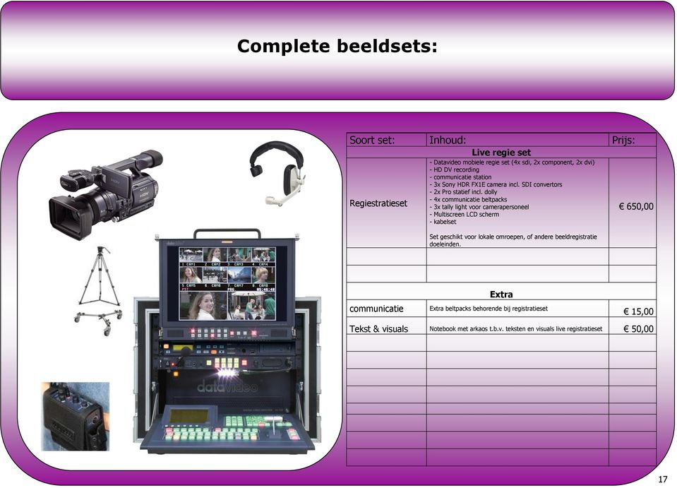 dolly - 4x communicatie beltpacks - 3x tally light voor camerapersoneel - Multiscreen LCD scherm - kabelset 650,00 Set geschikt voor lokale omroepen,