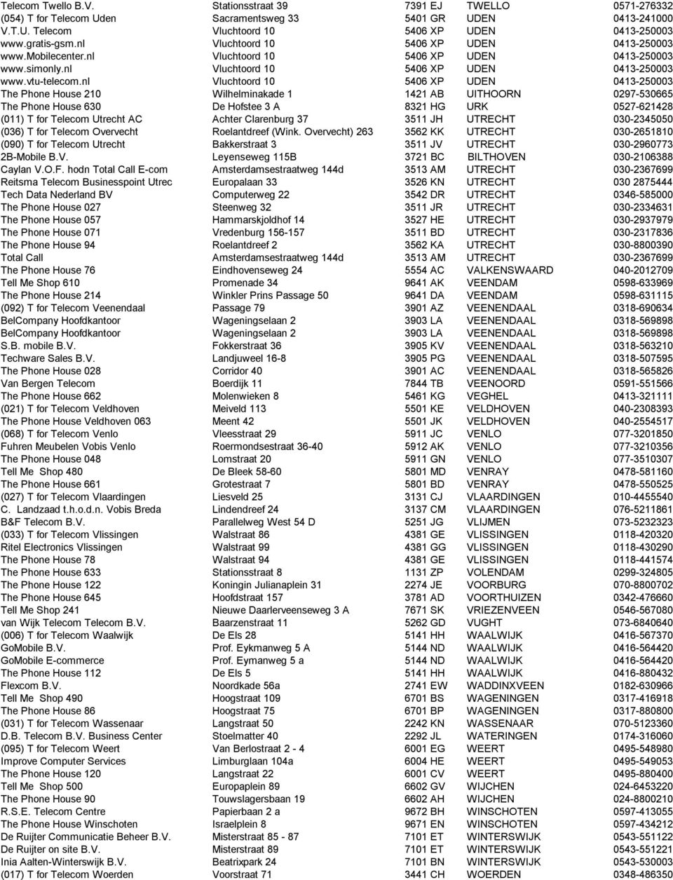 nl Vluchtoord 10 5406 XP UDEN 0413 250003 The Phone House 210 Wilhelminakade 1 1421 AB UITHOORN 0297 530665 The Phone House 630 De Hofstee 3 A 8321 HG URK 0527 621428 (011) T for Telecom Utrecht AC