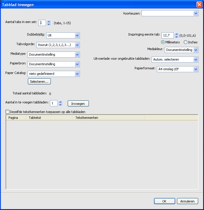 COMMAND WORKSTATION 25 Tabbladen invoegen Met de functie Tabbladen invoegen kunt u automatisch tabbladen in een taak invoegen. Met deze functie beschikt u over diverse formaten en soorten tabbladen.