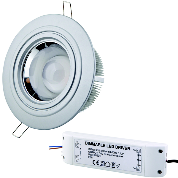 Productgroep LED - Downlight XPE - DOWNLIGHT 27,5 WATT 230V AC - DIMBAAR 80GR. - Voorzien van 9 Cree XPE P4 LED's met 80,6 lm/watt - RA 82. Flux 857 lm bij FC 690mA, ca. CCT 2.800k, ca. 337 cd. Afm.