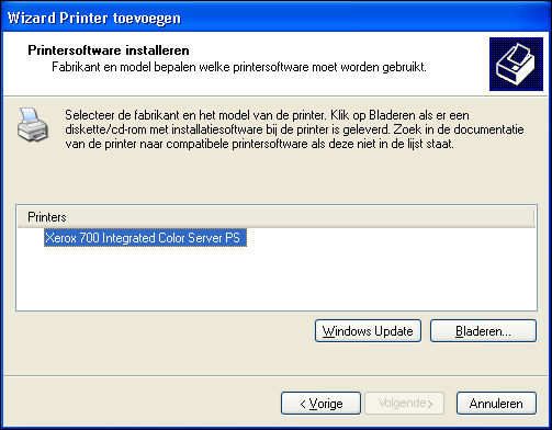 PRINTERSTUURPROGRAMMA S INSTALLEREN 14 12 Selecteer in het lijstvak Printers het Integrated Fiery Color Server-printerstuurprogramma voor uw printer en klik op Volgende.