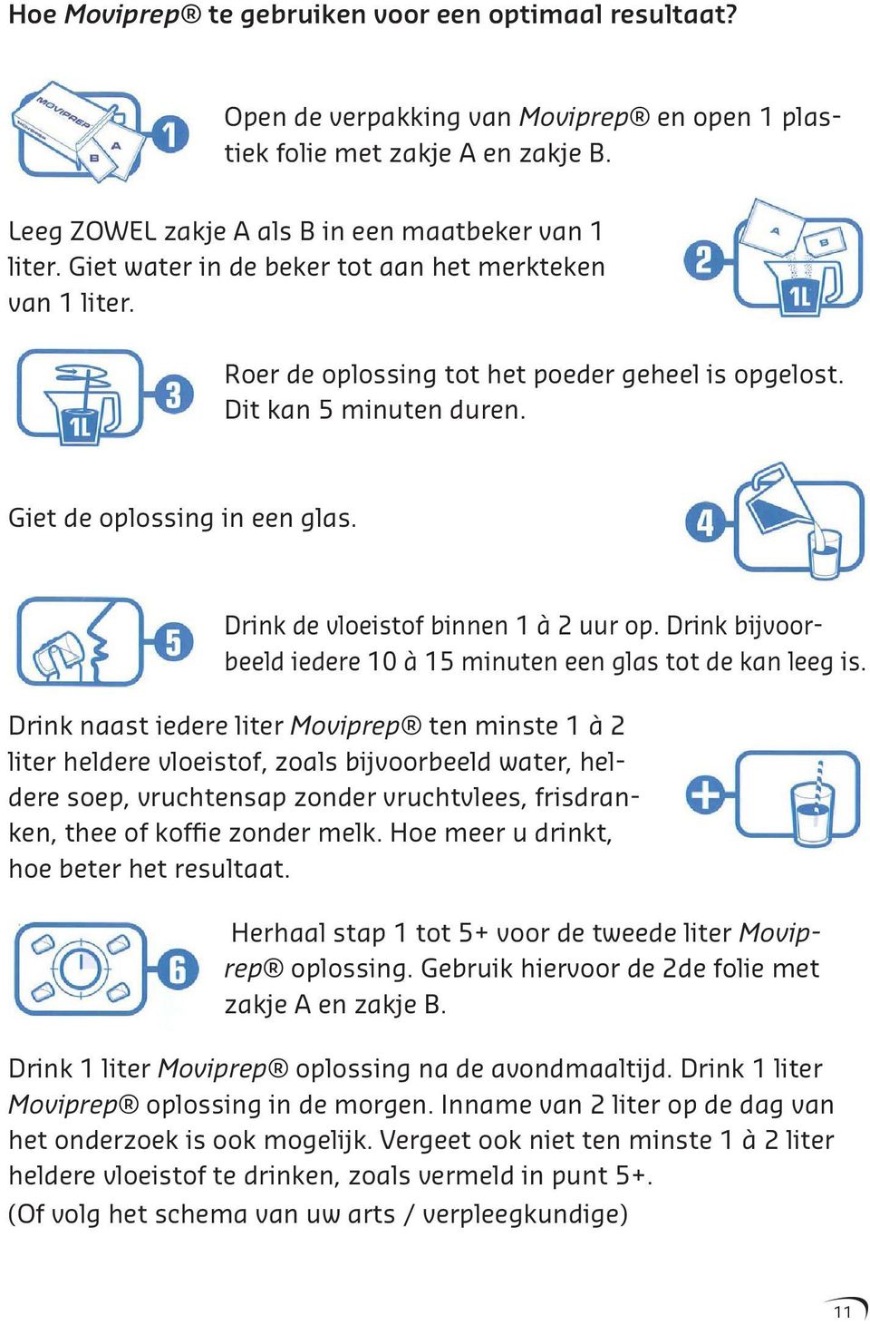 Drink de vloeistof binnen 1 à 2 uur op. Drink bijvoorbeeld iedere 10 à 15 minuten een glas tot de kan leeg is.