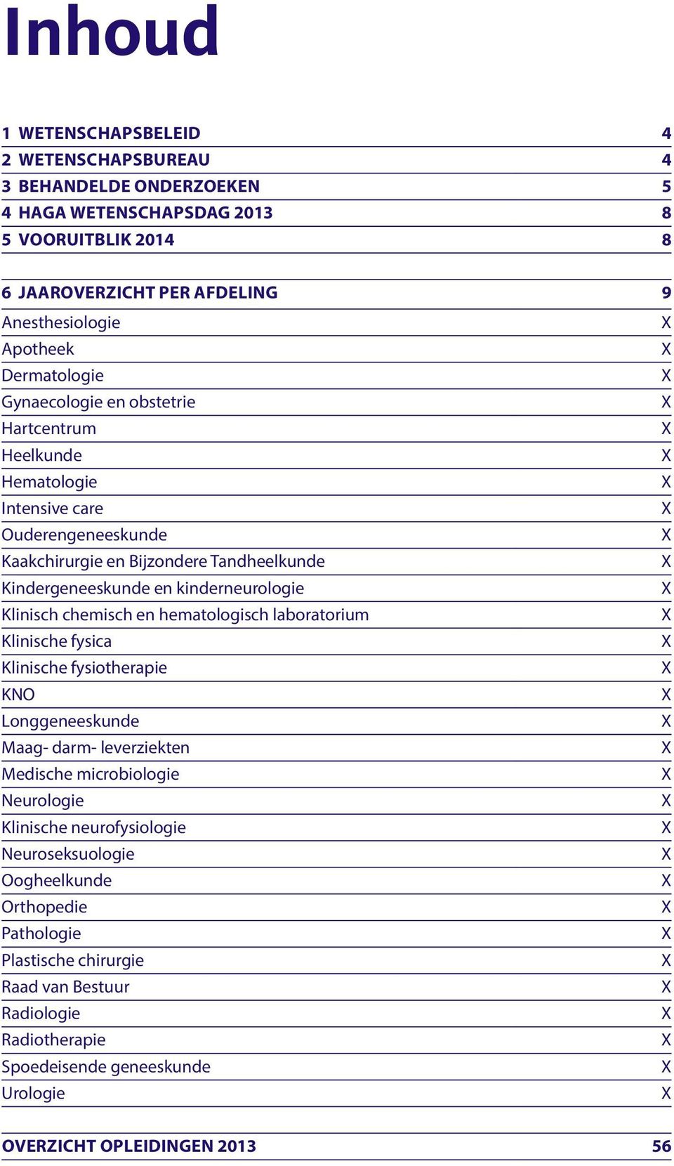 kinderneurologie X Klinisch chemisch en hematologisch laboratorium X Klinische fysica X Klinische fysiotherapie X KNO X Longgeneeskunde X Maag- darm- leverziekten X Medische microbiologie X