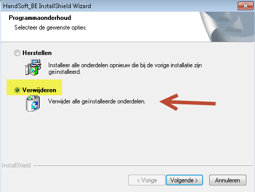 Selecteer HandSoft en klik op verwijderen. Kies voor Verwijderen in de wizard. Sluit af door op Voltooien te klikken. De vorige versie van HandSoft is nu verwijderd. 4.2 