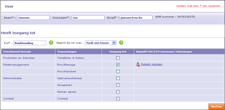 Vink het eerste onderdeel van Business e-services (bv. ProxiManage) aan waartoe de gebruiker toegang moet krijgen.