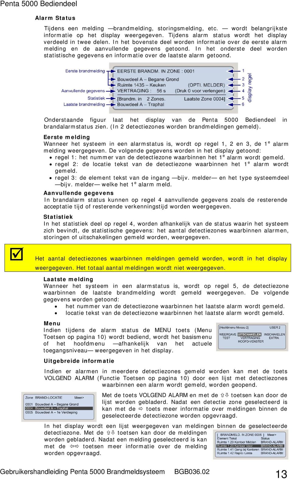 In het onderste deel worden statistische gegevens en informatie over de laatste alarm getoond. Onderstaande figuur laat het display van de Penta 5000 Bediendeel in brandalarmstatus zien.