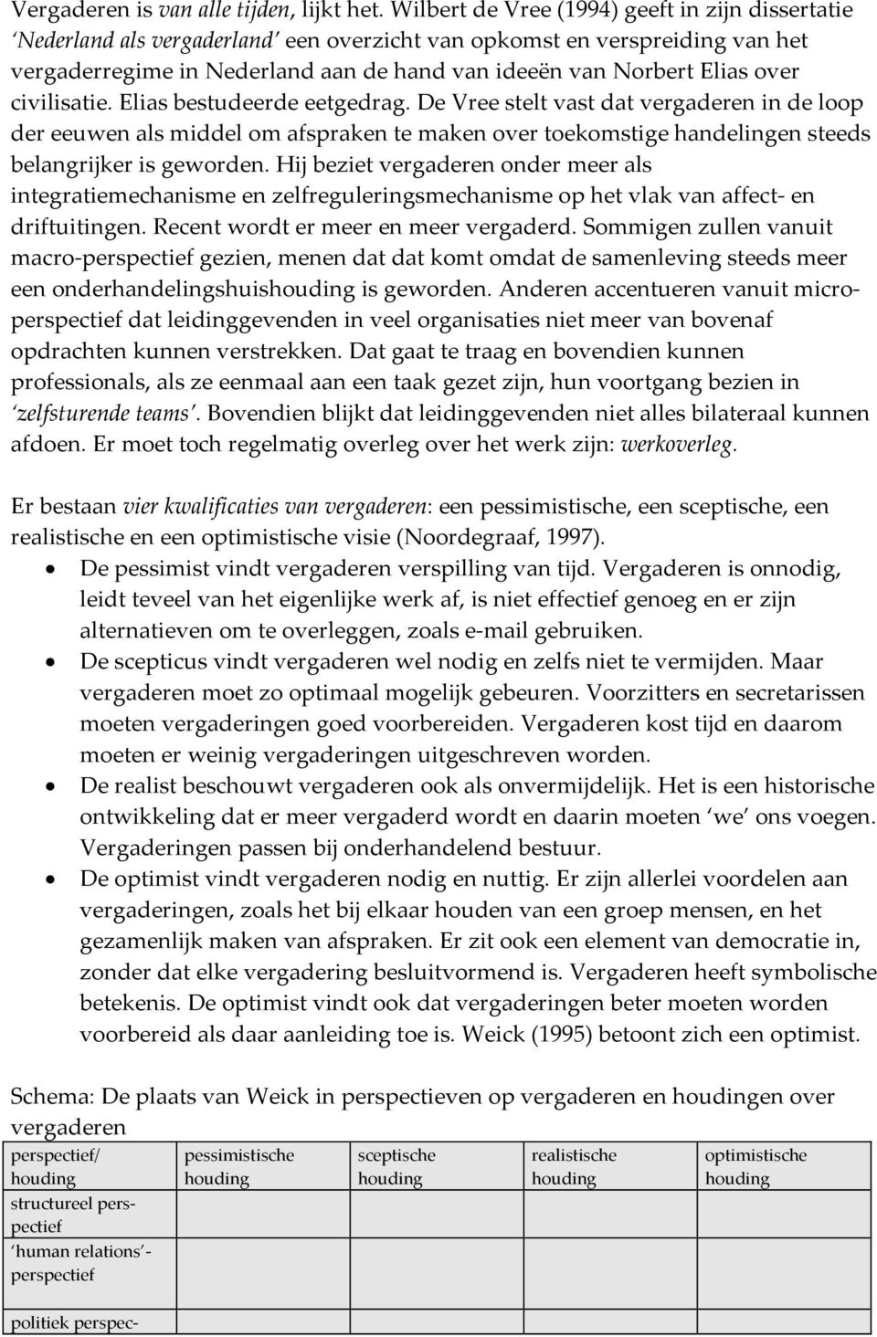 civilisatie. Elias bestudeerde eetgedrag. De Vree stelt vast dat vergaderen in de loop der eeuwen als middel om afspraken te maken over toekomstige handelingen steeds belangrijker is geworden.