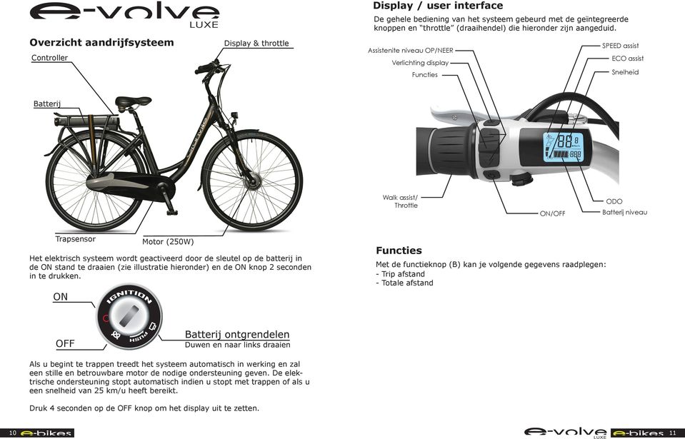 Assistenite niveau OP/NEER Verlichting display Functies SPEED assist ECO assist Snelheid Batterij Walk assist/ Throttle ON/OFF ODO Batterij niveau Trapsensor Motor (250W) Het elektrisch systeem wordt