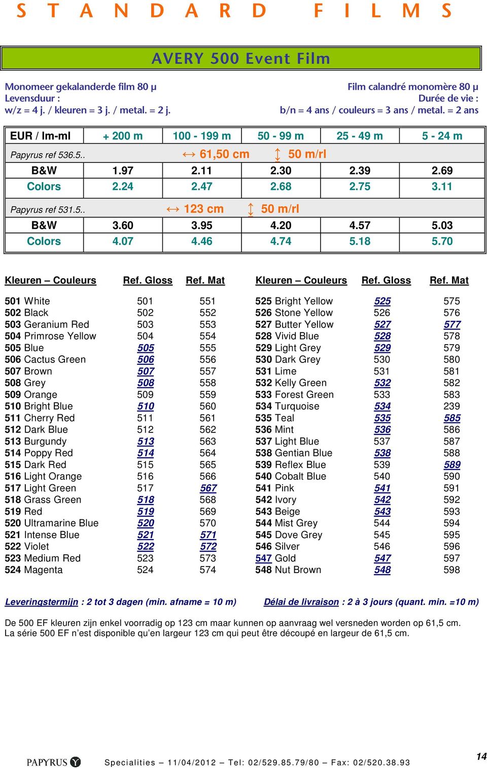 11 Papyrus ref 531.5.. 123 cm 50 m/rl B&W 3.60 3.95 4.20 4.57 5.03 Colors 4.07 4.46 4.74 5.18 5.70 Kleuren Couleurs Ref. Gloss Ref.