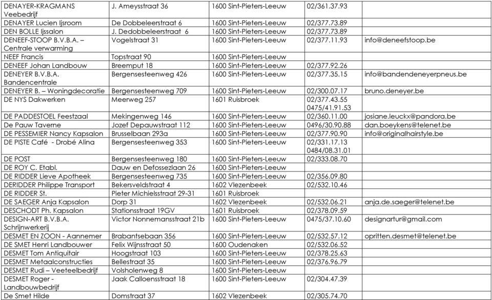 be Centrale verwarming NEEF Francis Topstraat 90 1600 Sint-Pieters-Leeuw DENEEF Johan Landbouw Breemput 18 1600 Sint-Pieters-Leeuw 02/377.92.26 DENEYER B.V.B.A.