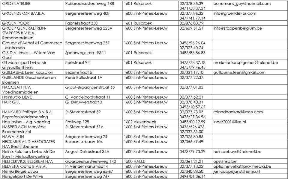 96.04 Matrassen 02/377.40.74 G.S.D.V. Invest Willem Van Spoorwegstraat 9&11 1601 Ruisbroek 0486/83 86 85 Gool GT Motorsport bvba Mr Kerkstraat 92 1601 Ruisbroek 0475/73.37.18 marie-louise.
