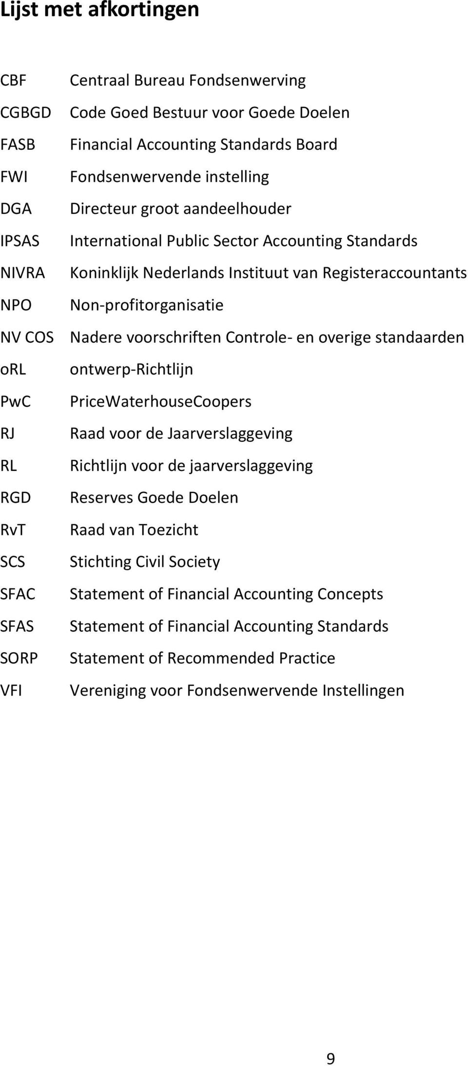 overige standaarden orl ontwerp Richtlijn PwC PriceWaterhouseCoopers RJ Raad voor de Jaarverslaggeving RL Richtlijn voor de jaarverslaggeving RGD Reserves Goede Doelen RvT Raad van Toezicht SCS