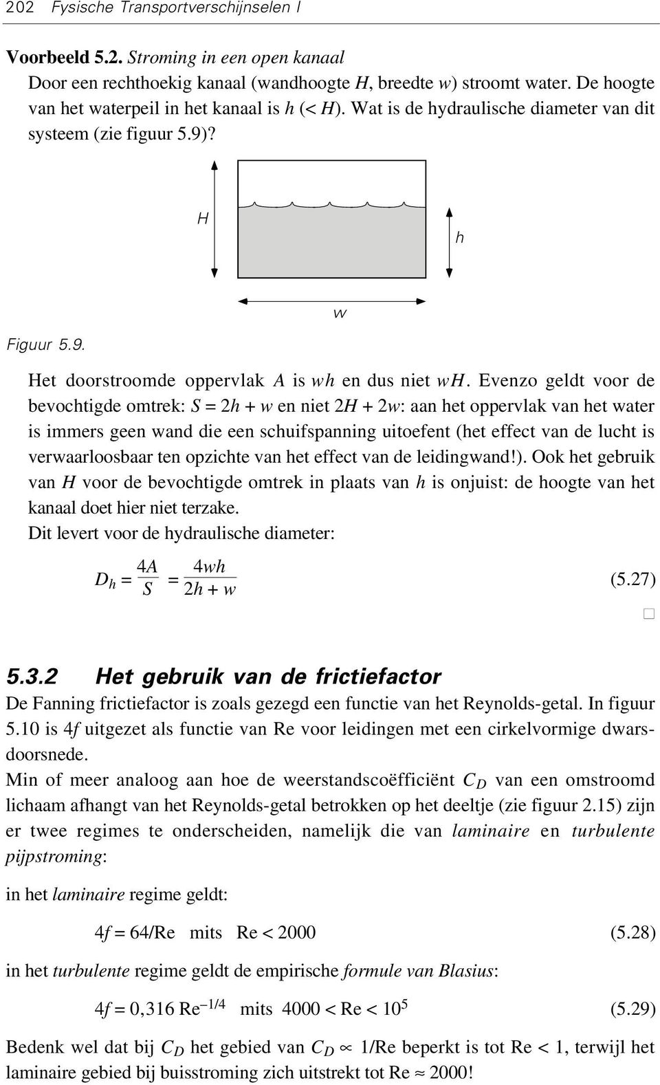 Evenzo geldt voor de bevochtigde omtrek: S = 2h + w en niet 2H + 2w: aan het oppervlak van het water is immers geen wand die een schuifspanning uitoefent (het effect van de lucht is verwaarloosbaar