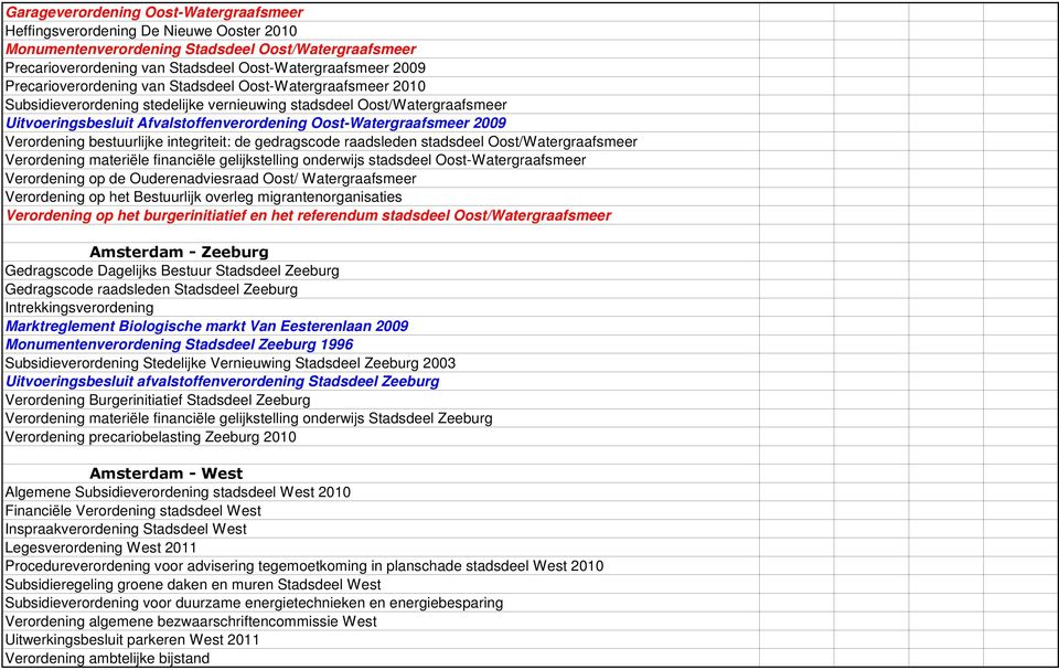 2009 Verordening bestuurlijke integriteit: de gedragscode raadsleden stadsdeel Oost/Watergraafsmeer Verordening materiële financiële gelijkstelling onderwijs stadsdeel Oost-Watergraafsmeer