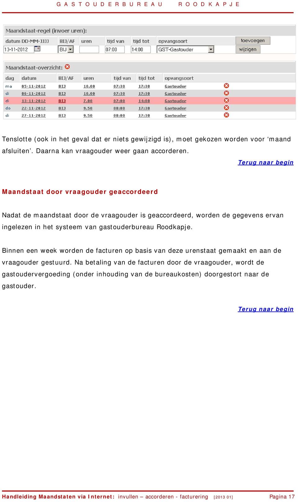 gastouderbureau Roodkapje. Binnen een week worden de facturen op basis van deze urenstaat gemaakt en aan de vraagouder gestuurd.