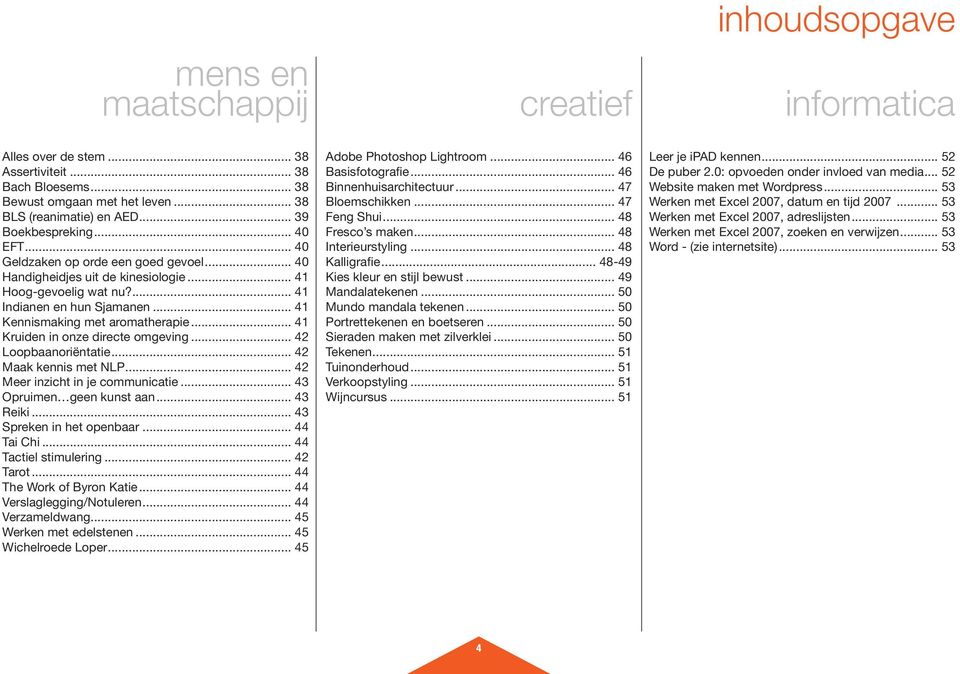 .. 41 Kruiden in onze directe omgeving... 42 Loopbaanoriëntatie... 42 Maak kennis met NLP... 42 Meer inzicht in je communicatie... 43 Opruimen geen kunst aan... 43 Reiki... 43 Spreken in het openbaar.