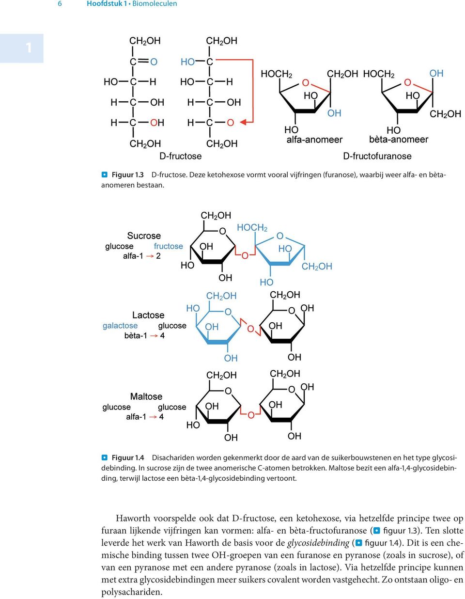 Haworth voorspelde ook dat D-fructose, een ketohexose, via hetzelfde principe twee op furaan lijkende vijfringen kan vormen: alfa- en bèta-fructofuranose (. figuur 1.3).