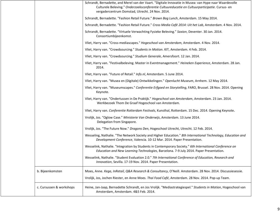 4 Nov. 2014. Schrandt, Bernadette. Virtuele Verwachting Fysieke Beleving. Saxion, Deventer. 30 Jan. 2014. Consortiumbijeenkomst. Vliet, Harry van. "Cross- mediascapes.
