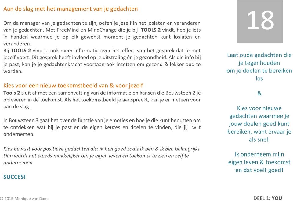 Bij TOOLS 2 vind je ook meer informatie over het effect van het gesprek dat je met jezelf voert. Dit gesprek heeft invloed op je uitstraling én je gezondheid.