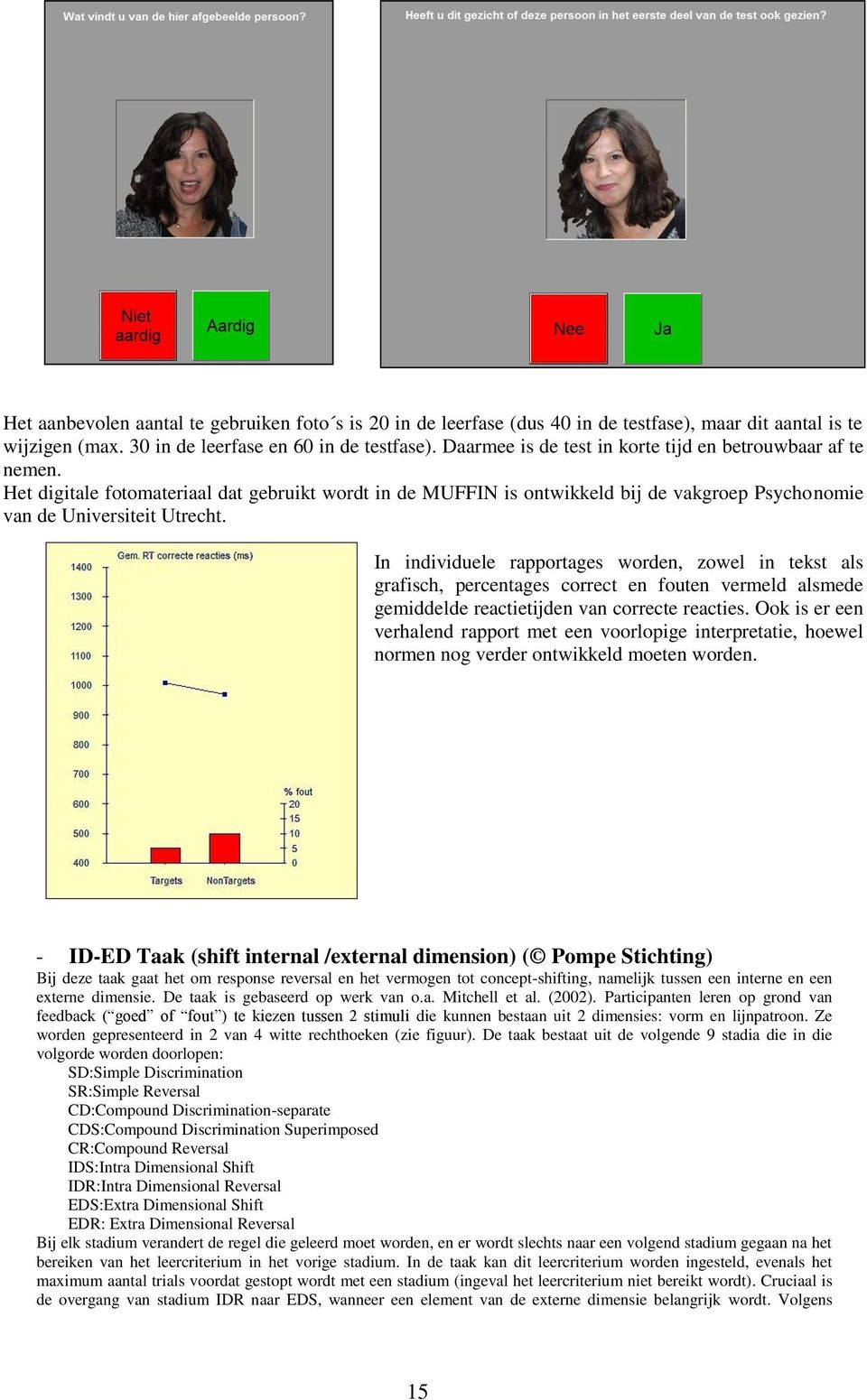 In individuele rapportages worden, zowel in tekst als grafisch, percentages correct en fouten vermeld alsmede gemiddelde reactietijden van correcte reacties.