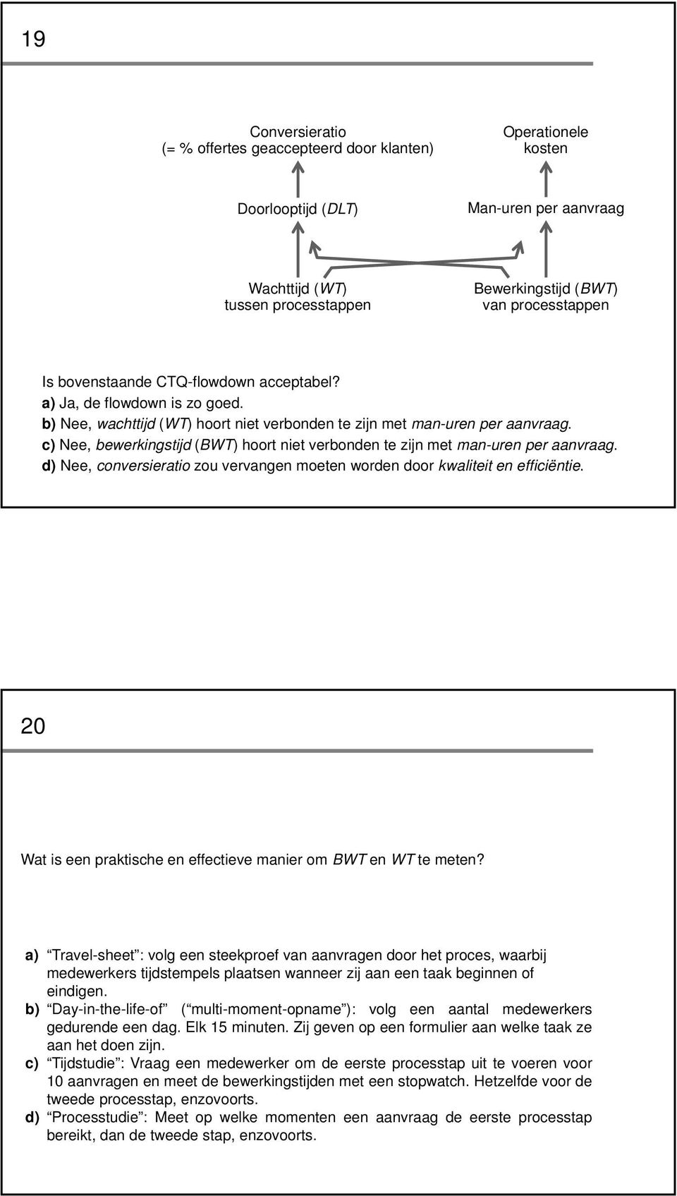 c) Nee, bewerkingstijd (BWT) hoort niet verbonden te zijn met man-uren per aanvraag. d) Nee, conversieratio zou vervangen moeten worden door kwaliteit en efficiëntie.