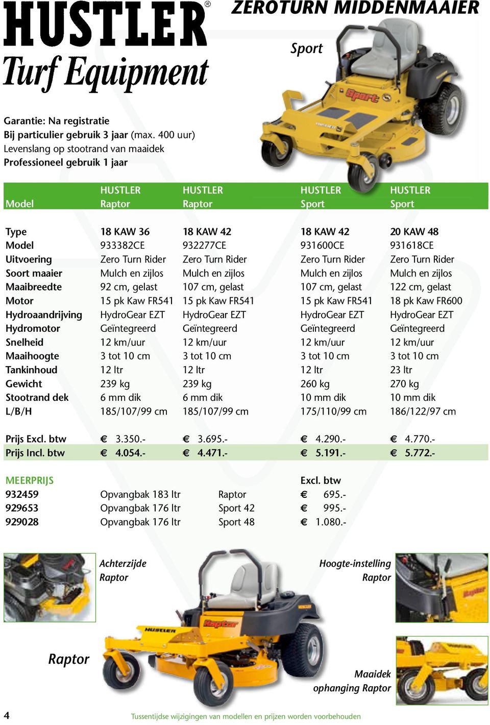 932277CE 931600CE 931618CE Uitvoering Zero Turn Rider Zero Turn Rider Zero Turn Rider Zero Turn Rider Soort maaier Mulch en zijlos Mulch en zijlos Mulch en zijlos Mulch en zijlos Maaibreedte 92 cm,