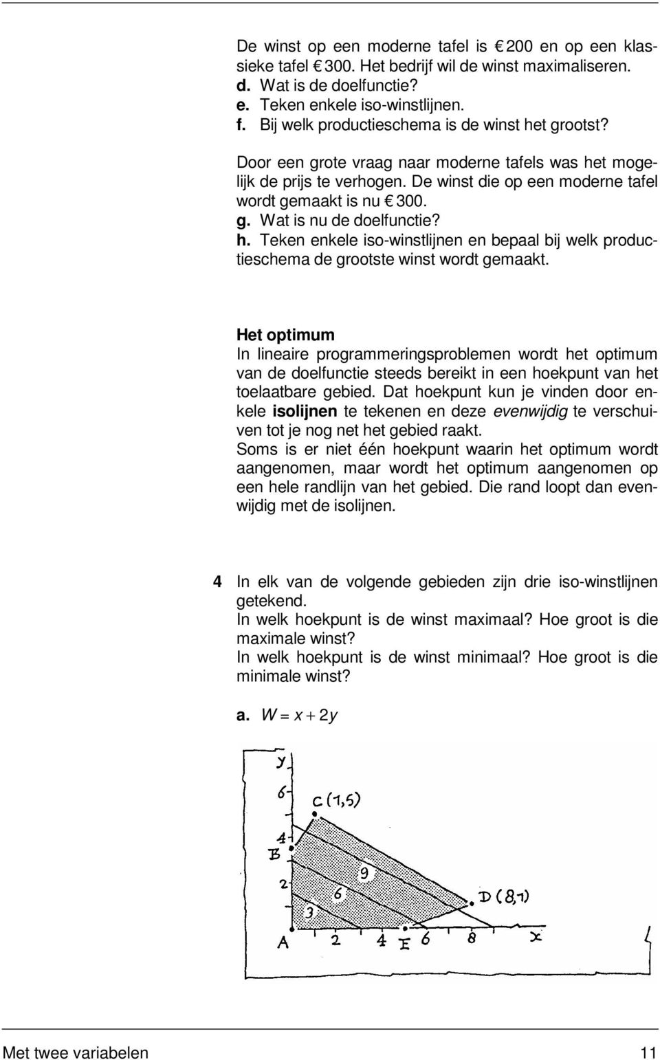 h. Teken enkele iso-winstlijnen en bepaal bij welk productieschema de grootste winst wordt gemaakt.