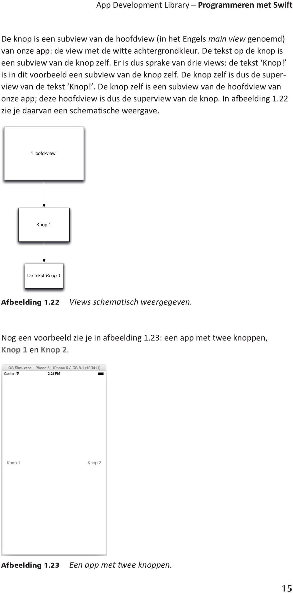 De knop zelf is dus de superview van de tekst Knop!. De knop zelf is een subview van de hoofdview van onze app; deze hoofdview is dus de superview van de knop. In afbeelding 1.