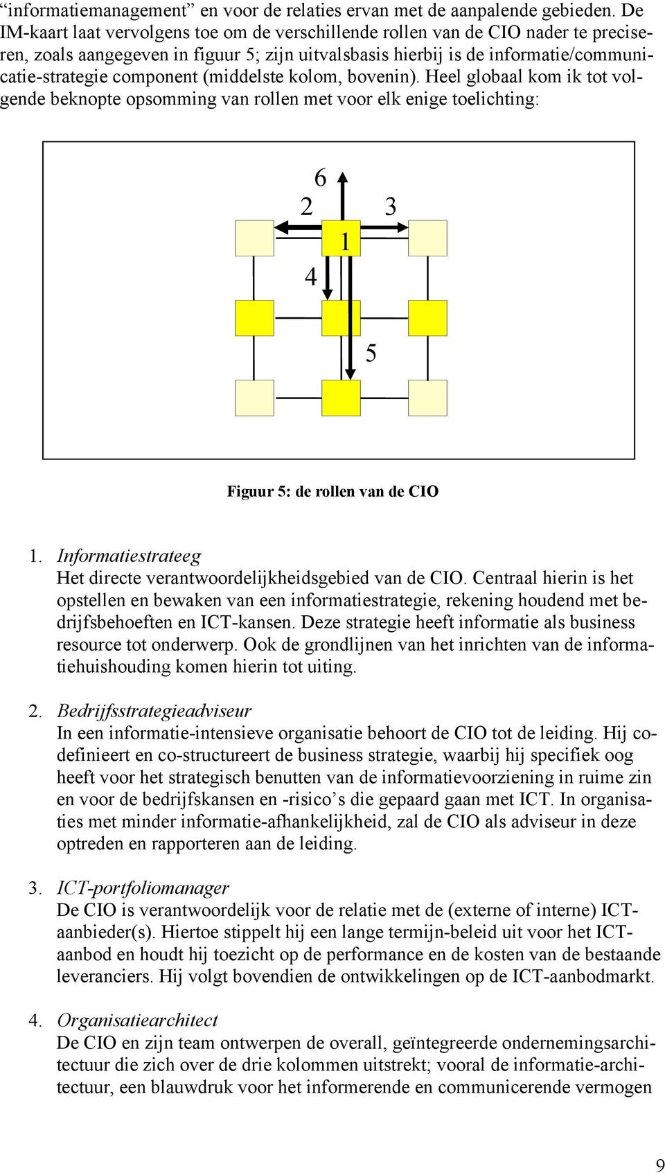 (middelste kolom, bovenin). Heel globaal kom ik tot volgende beknopte opsomming van rollen met voor elk enige toelichting: 6 2 4 1 3 5 Figuur 5: de rollen van de CIO 1.