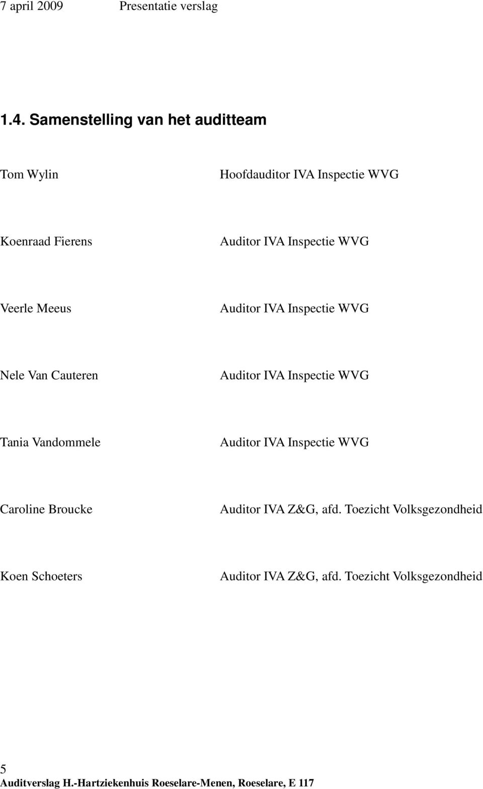 Veerle Meeus Auditor IVA Inspectie WVG Nele Van Cauteren Auditor IVA Inspectie WVG Tania Vandommele Auditor IVA