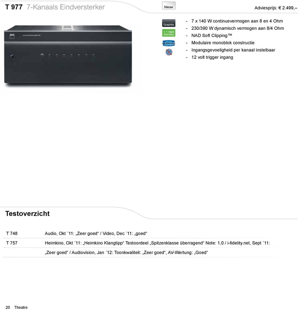 Modulaire monoblok constructie - Ingangsgevoeligheid per kanaal instelbaar - 12 volt trigger ingang Testoverzicht T 748 Audio, Okt 11: