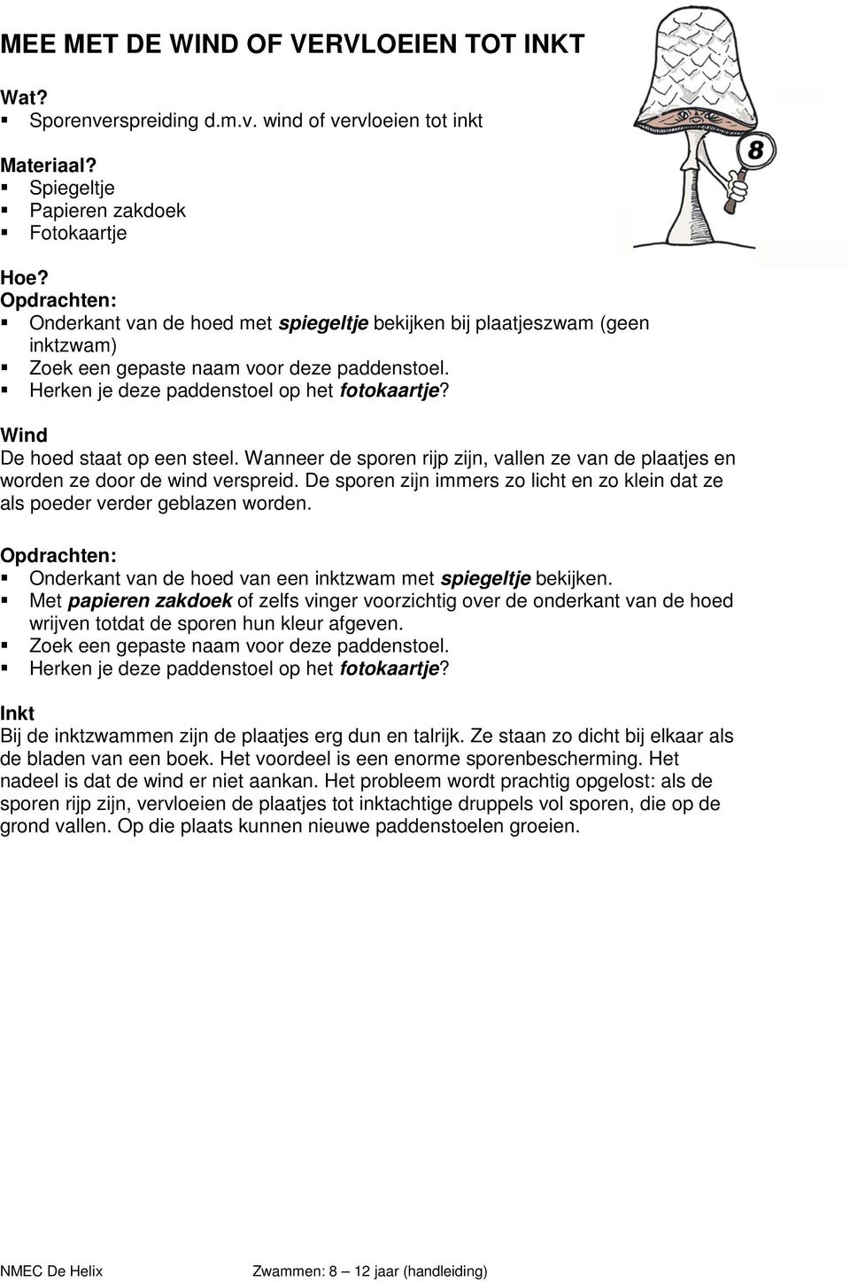 wind of vervloeien tot inkt Spiegeltje Papieren zakdoek Fotokaartje Opdrachten: Onderkant van de hoed met spiegeltje bekijken bij plaatjeszwam (geen inktzwam) Zoek een gepaste naam voor deze