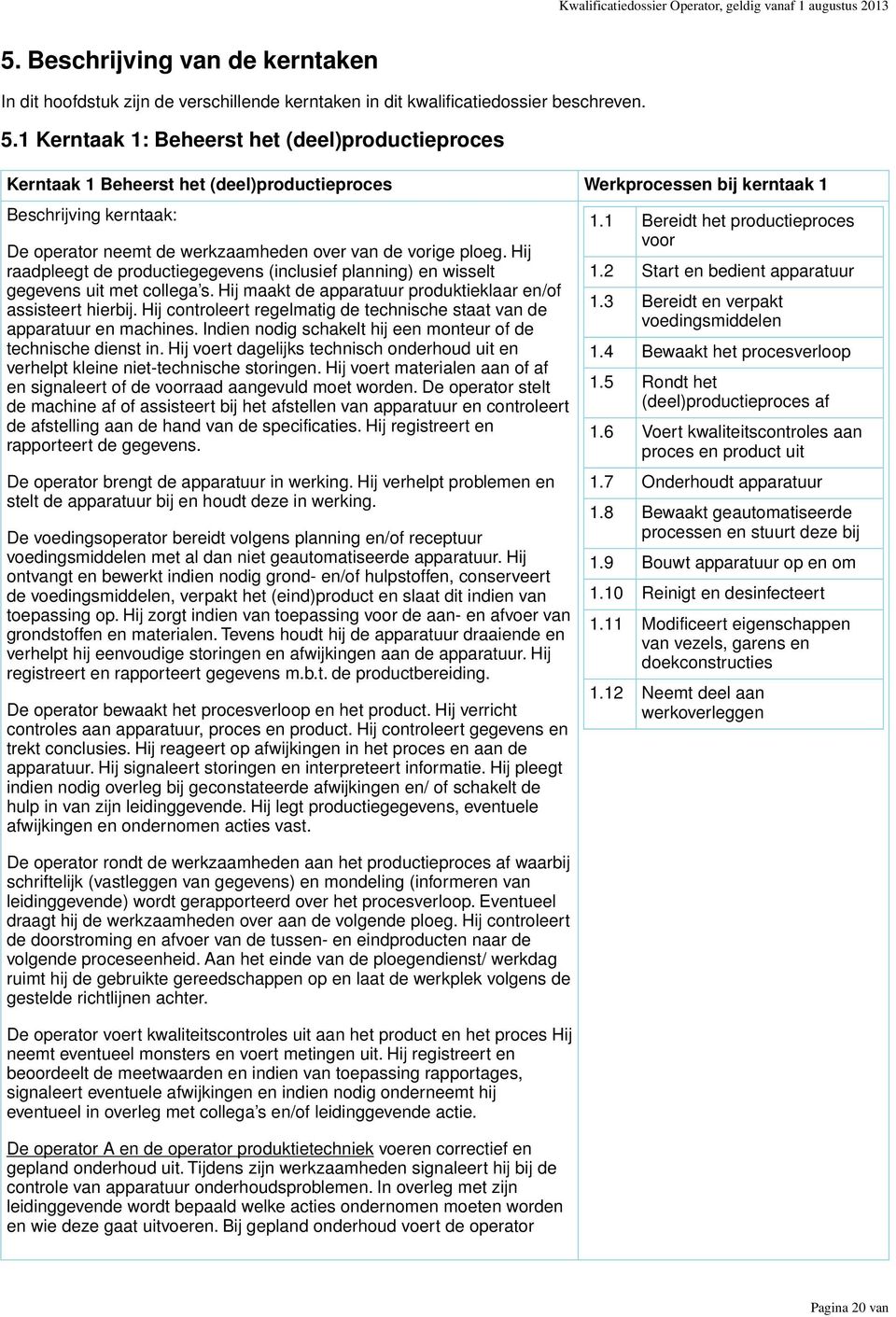 1 Kerntaak 1: Beheerst het (deel)productieproces Kerntaak 1 Beheerst het (deel)productieproces Werkprocessen bij kerntaak 1 Beschrijving kerntaak: De operator neemt de werkzaamheden over van de