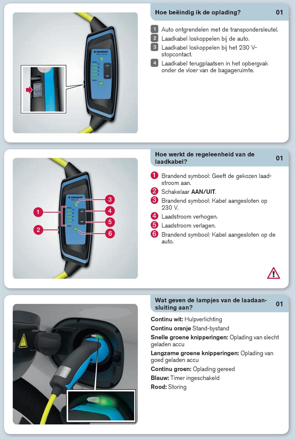 3 Brandend symbool: Kabel aangesloten op 230 V. 4 Laadstroom verhogen. 5 Laadstroom verlagen. 6 Brandend symbool: Kabel aangesloten op de auto. Wat geven de lampjes van de laadaansluiting aan?