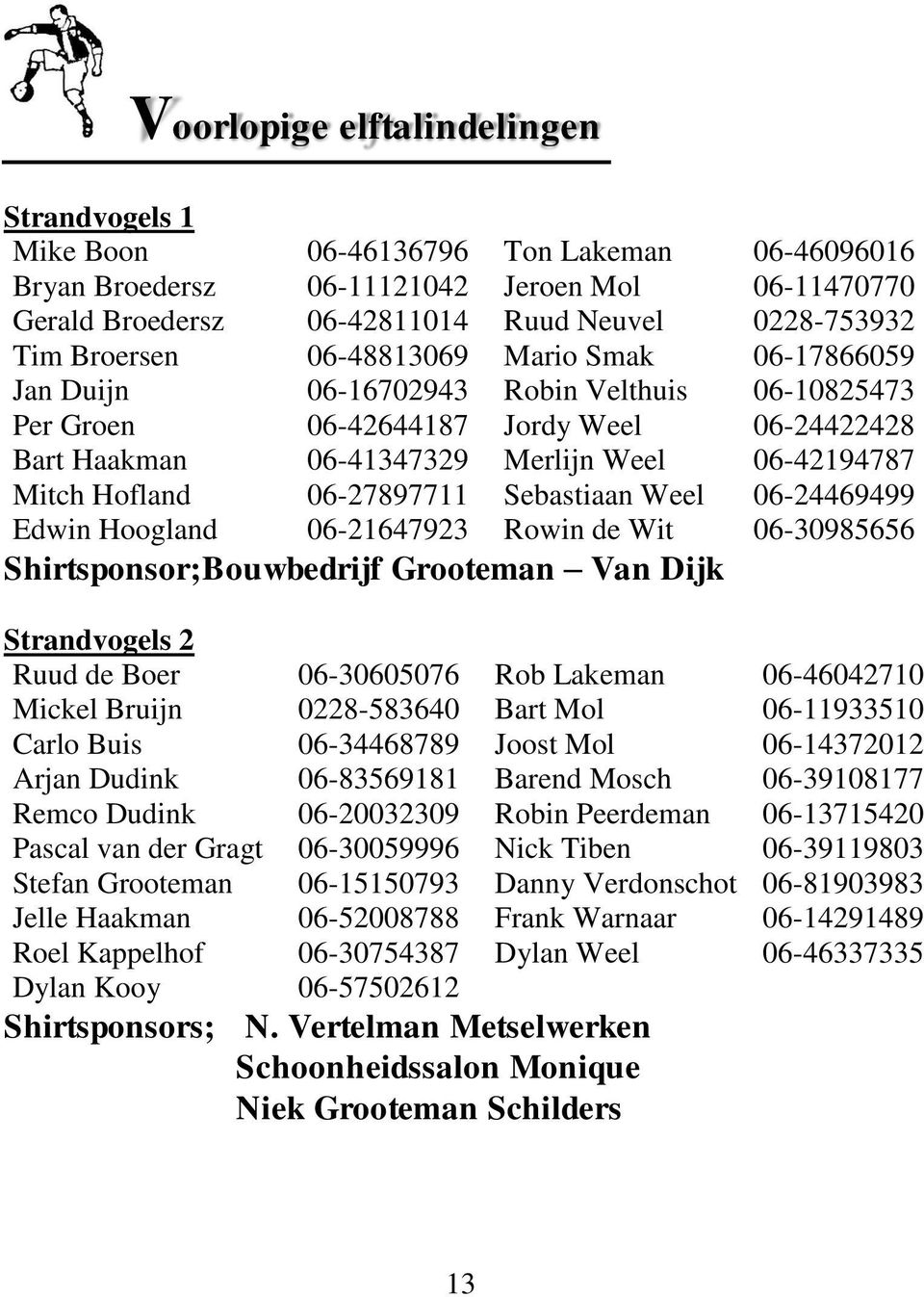 Hofland 06-27897711 Sebastiaan Weel 06-24469499 Edwin Hoogland 06-21647923 Rowin de Wit 06-30985656 Shirtsponsor;Bouwbedrijf Grooteman Van Dijk Strandvogels 2 Ruud de Boer 06-30605076 Rob Lakeman