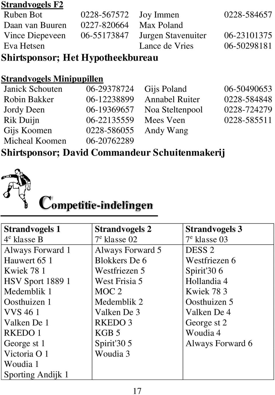 Steltenpool 0228-724279 Rik Duijn 06-22135559 Mees Veen 0228-585511 Gijs Koomen 0228-586055 Andy Wang Micheal Koomen 06-20762289 Shirtsponsor; David Commandeur Schuitenmakerij Competitie-indelingen