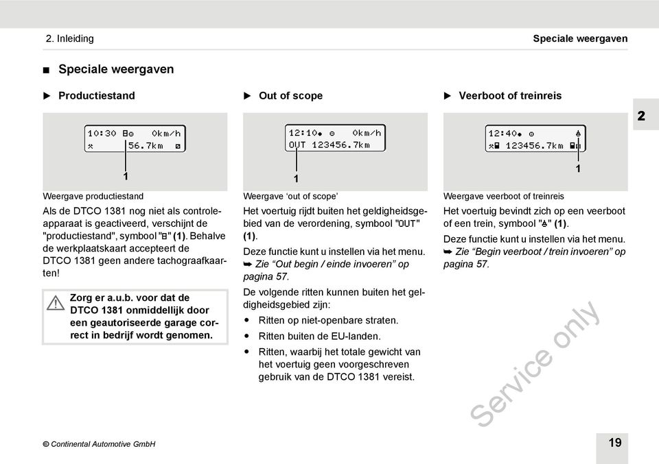 1 Weergave out of scope Het voertuig rijdt buiten het geldigheidsgebied van de verordening, symbool "" (1). Deze functie kunt u instellen via het menu. Zie Out begin / einde invoeren op pagina 57.