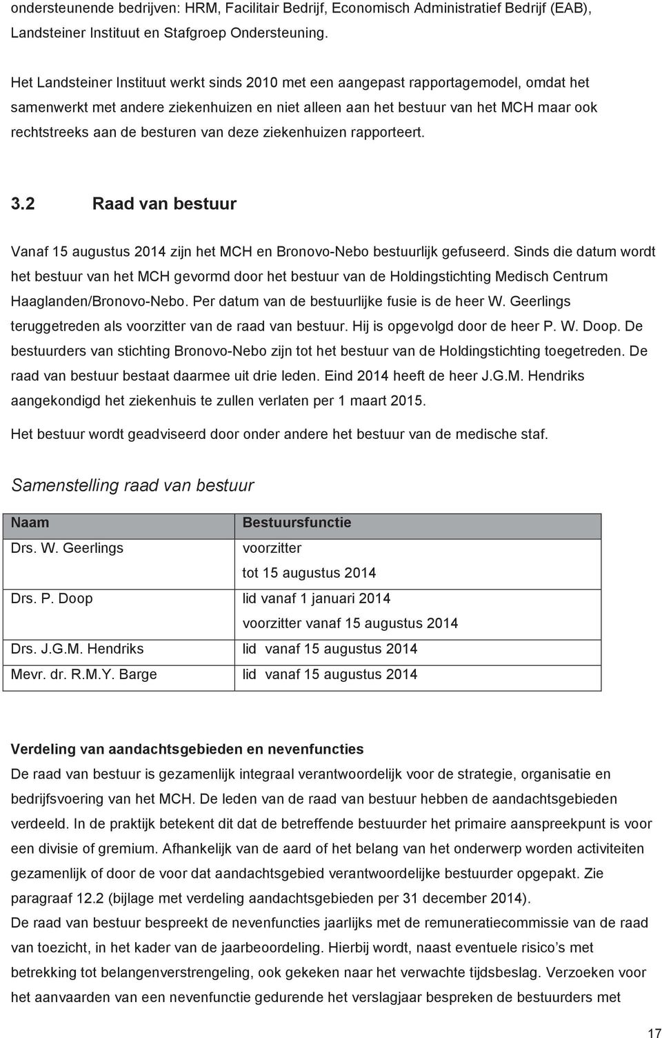 besturen van deze ziekenhuizen rapporteert. 3.2 Raad van bestuur Vanaf 15 augustus 2014 zijn het MCH en Bronovo-Nebo bestuurlijk gefuseerd.