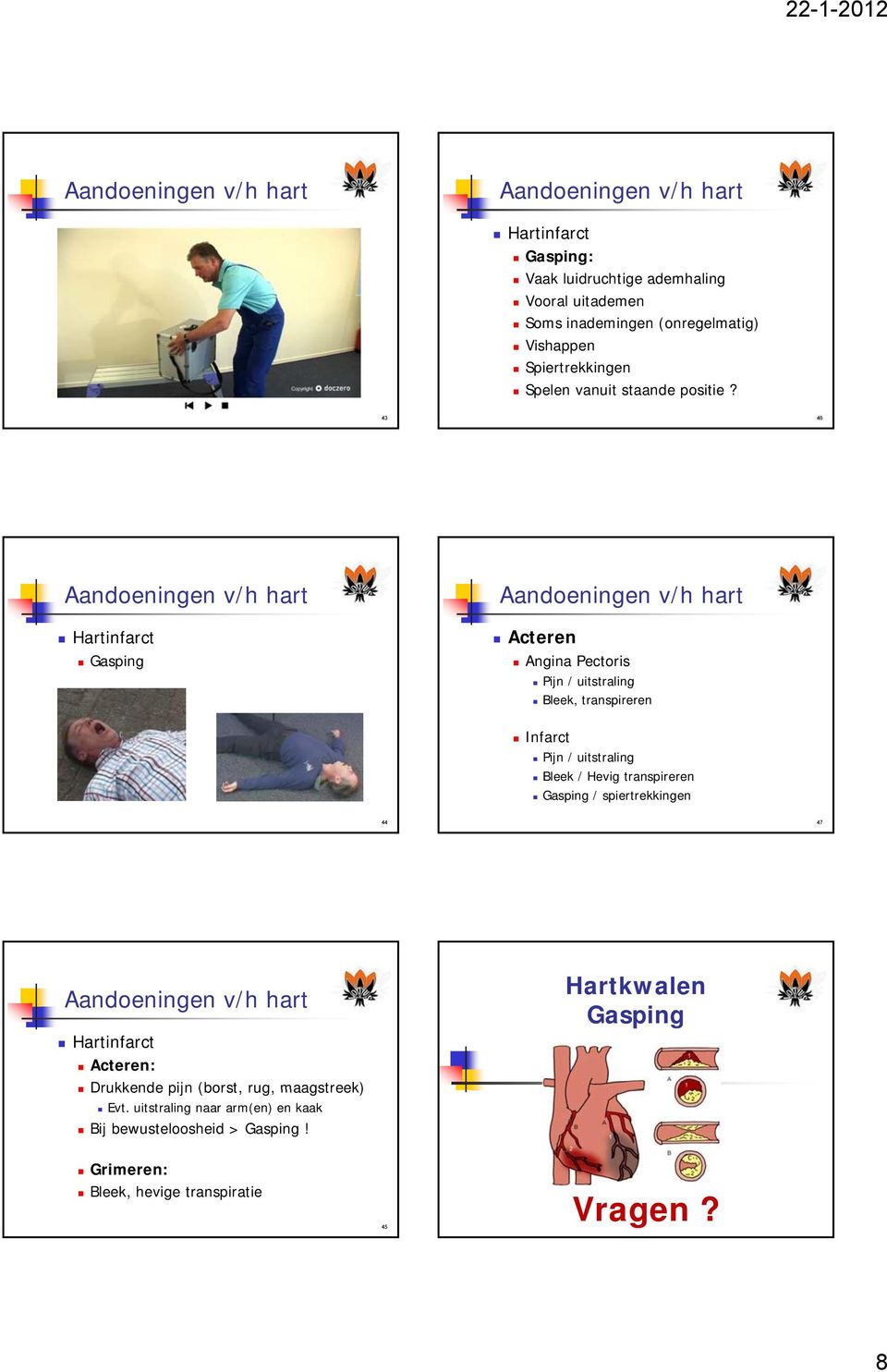 43 46 Gasping Acteren Pijn / uitstraling Bleek, transpireren Infarct Pijn / uitstraling Bleek / Hevig transpireren