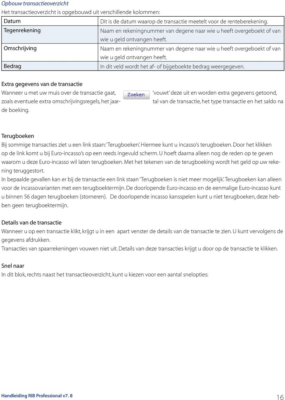 Omschrijving Naam en rekeningnummer van degene naar wie u heeft overgeboekt of van wie u geld ontvangen heeft. Bedrag In dit veld wordt het af- of bijgeboekte bedrag weergegeven.