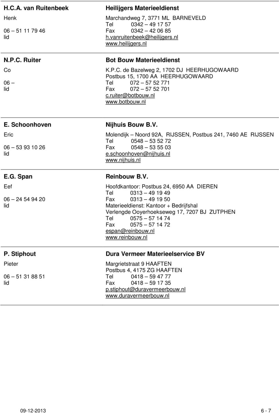 Schoonhoven Eric 53 93 10 26 E.G. Span Eef 24 54 94 20 P. Stiphout Pieter 51 31 88 51 Nijhuis Bouw B.V.