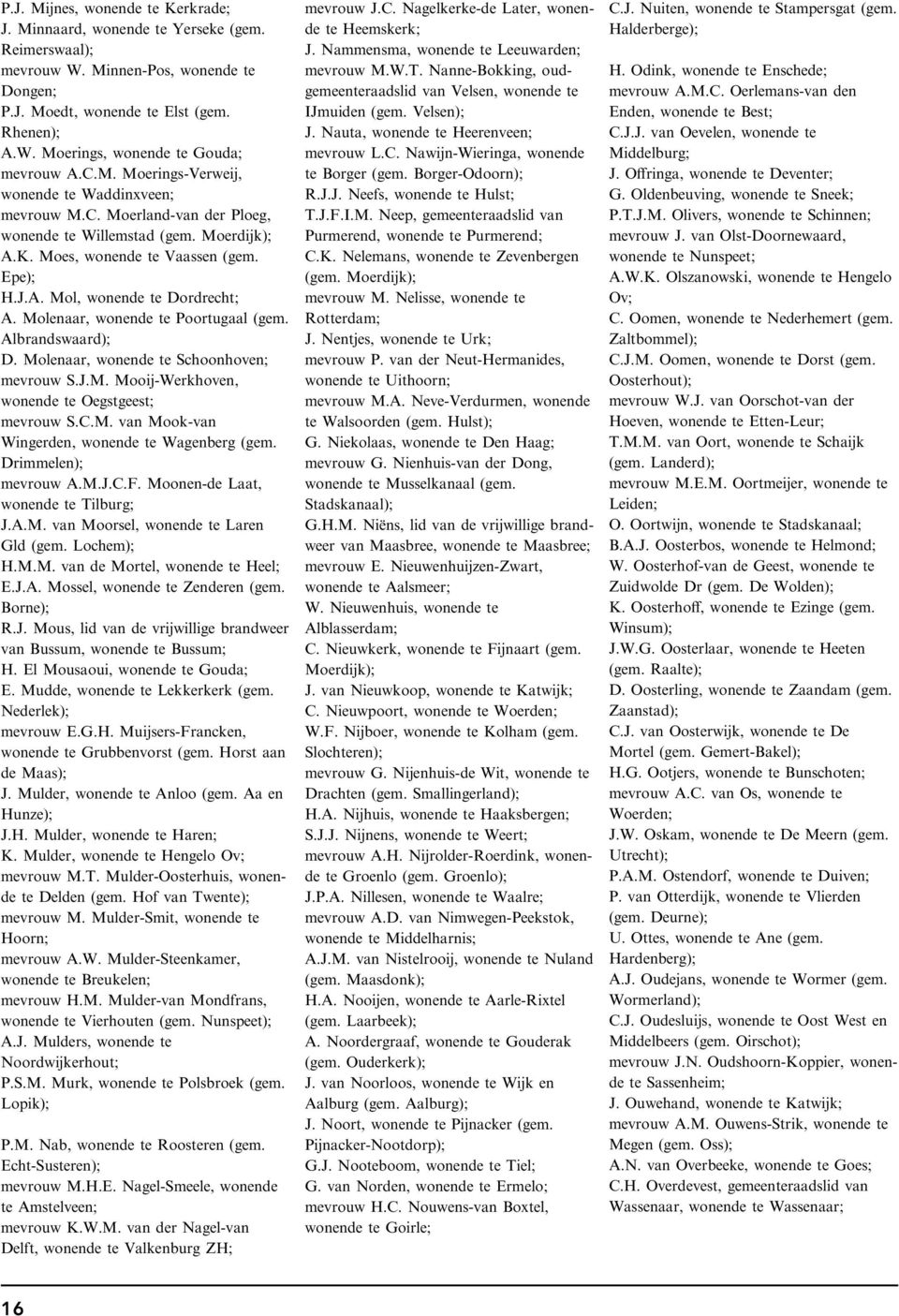 Molenaar, wonende te Poortugaal (gem. Albrandswaard); D. Molenaar, wonende te Schoonhoven; mevrouw S.J.M. Mooij-Werkhoven, wonende te Oegstgeest; mevrouw S.C.M. van Mook-van Wingerden, wonende te Wagenberg (gem.