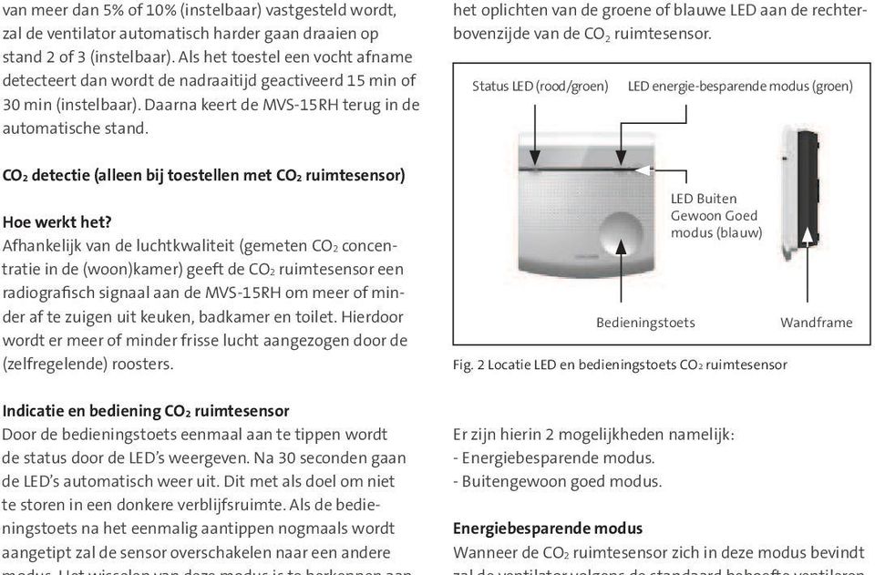 het oplichten van de groene of blauwe LED aan de rechterbovenzijde van de CO 2 ruimtesensor.