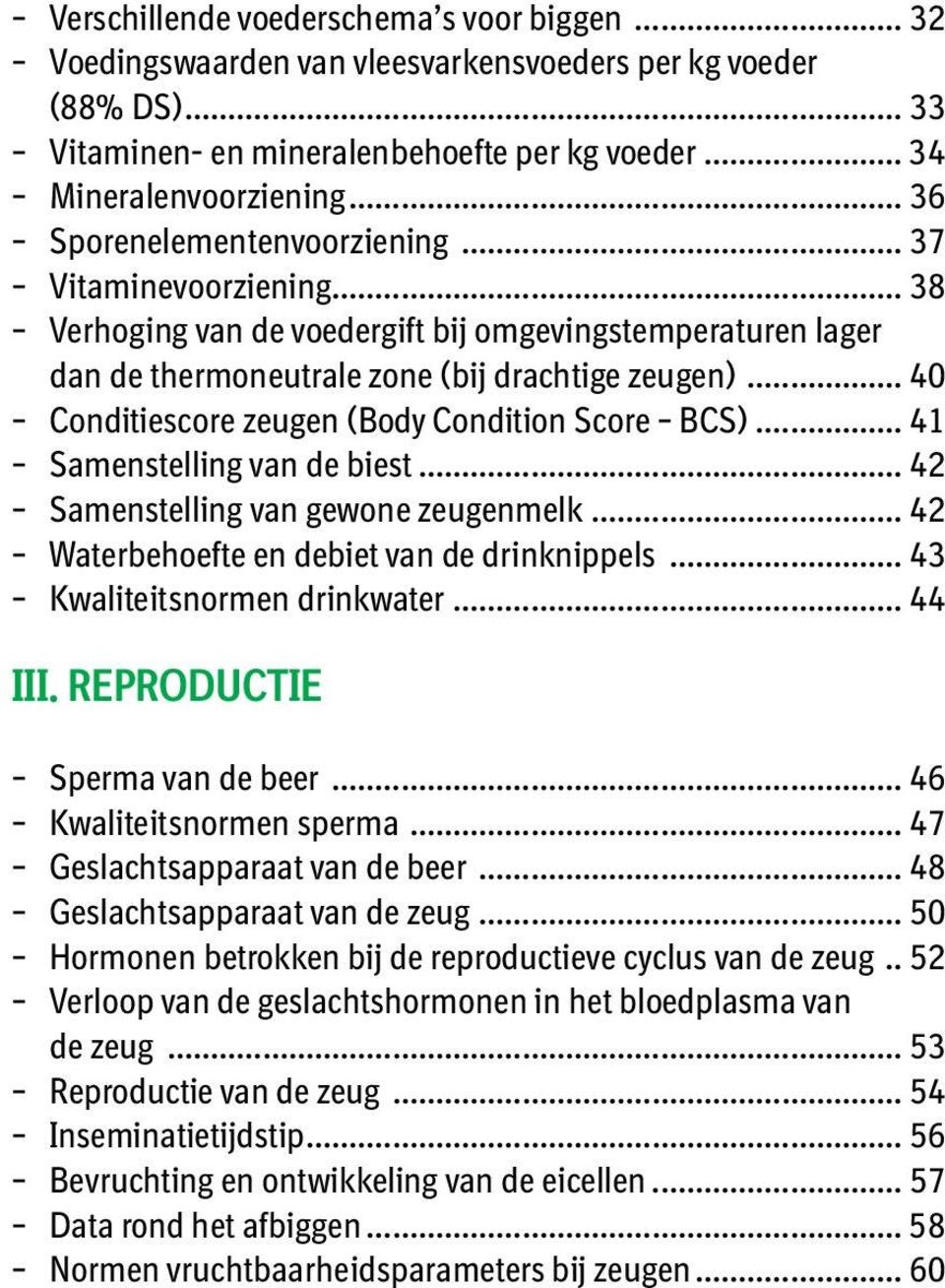 .. 40 Conditiescore zeugen (Body Condition Score BCS)... 41 Samenstelling van de biest... 42 Samenstelling van gewone zeugenmelk... 42 Waterbehoefte en debiet van de drinknippels.