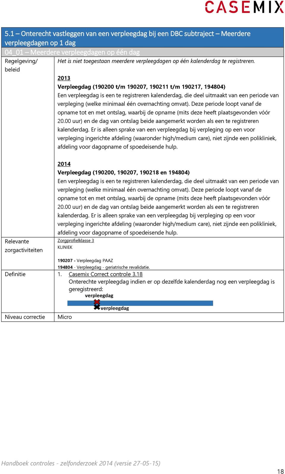 2013 Verpleegdag (190200 t/m 190207, 190211 t/m 190217, 194804) Een verpleegdag is een te registreren kalenderdag, die deel uitmaakt van een periode van verpleging (welke minimaal één overnachting